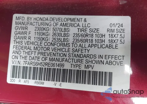 2024 Honda Cr-V Hybrid Sport из США, поврежденный, VIN 7FARS6H52RE061499